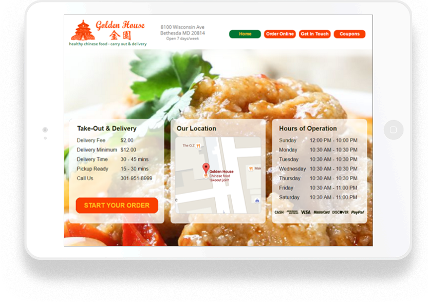 Golden House Chinese Restaurant - Custom Crafted Responsive Website - Tablet - LorDec Media Group