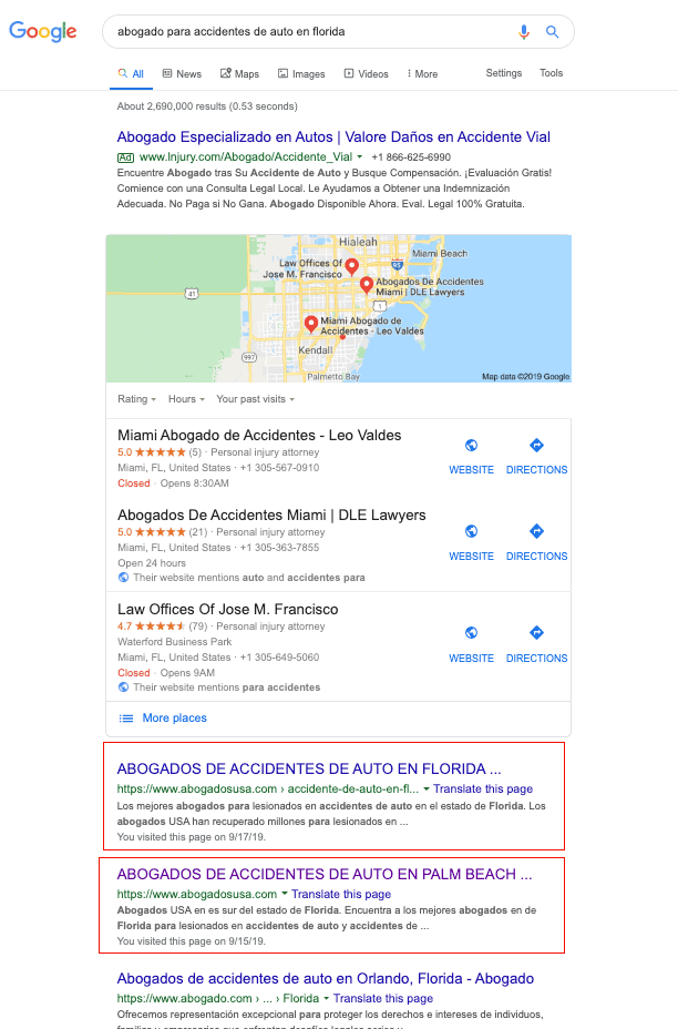 Resultados de una busqueda en Google de abogado de accidentes de auto en Florida