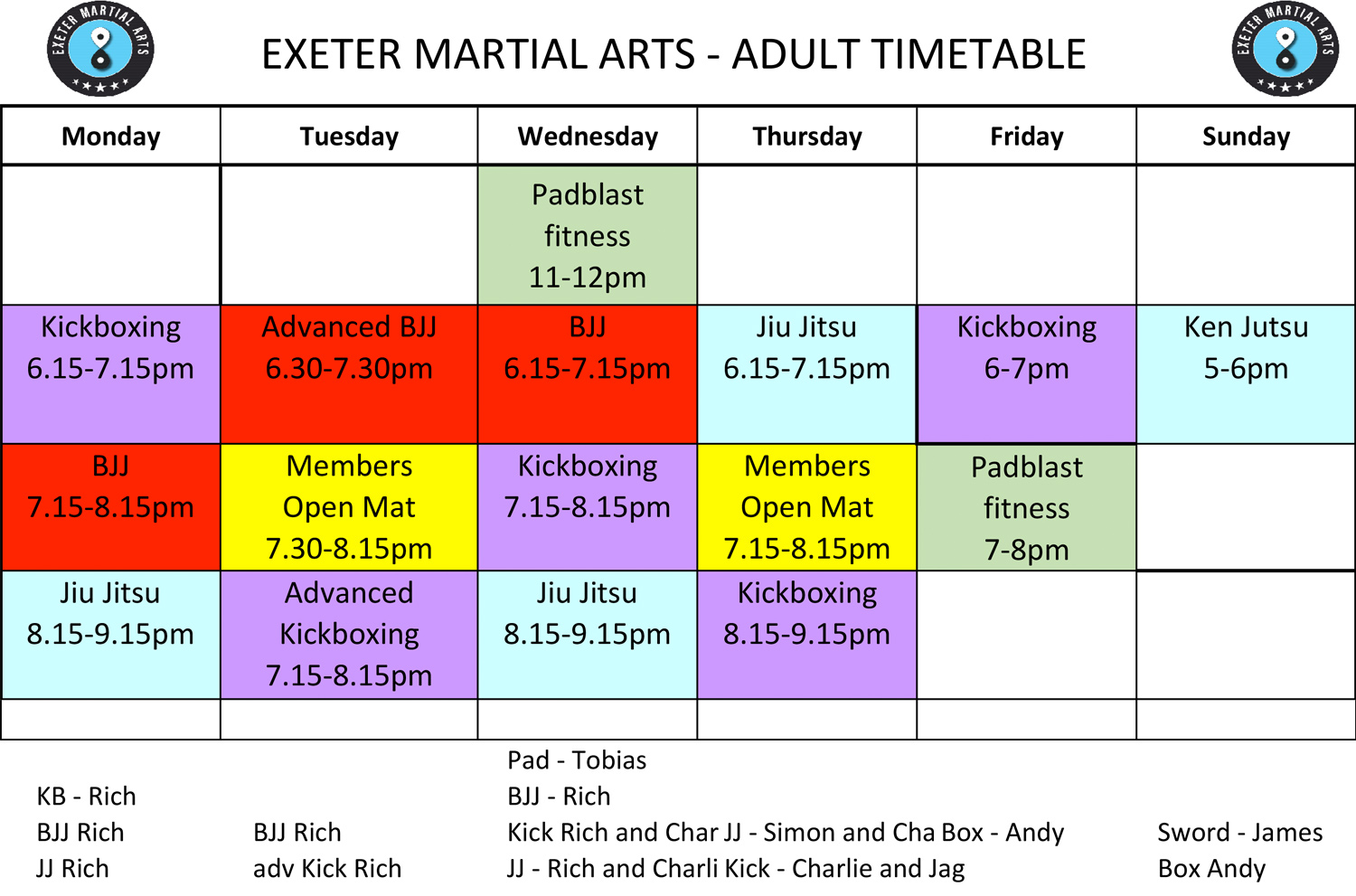Exeter Martial Arts Adult Timetable