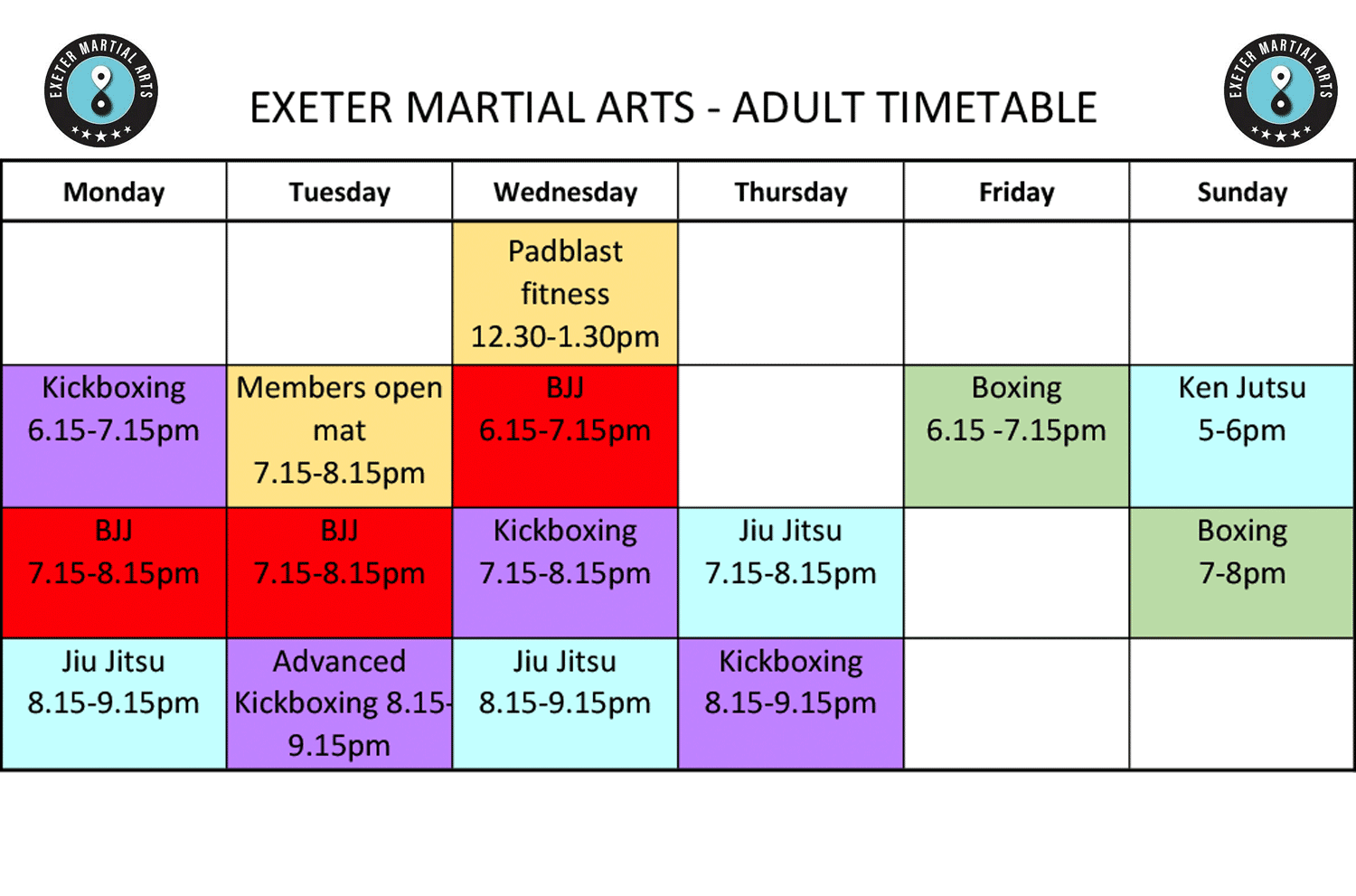 Exeter Martial Arts Adult Timetable