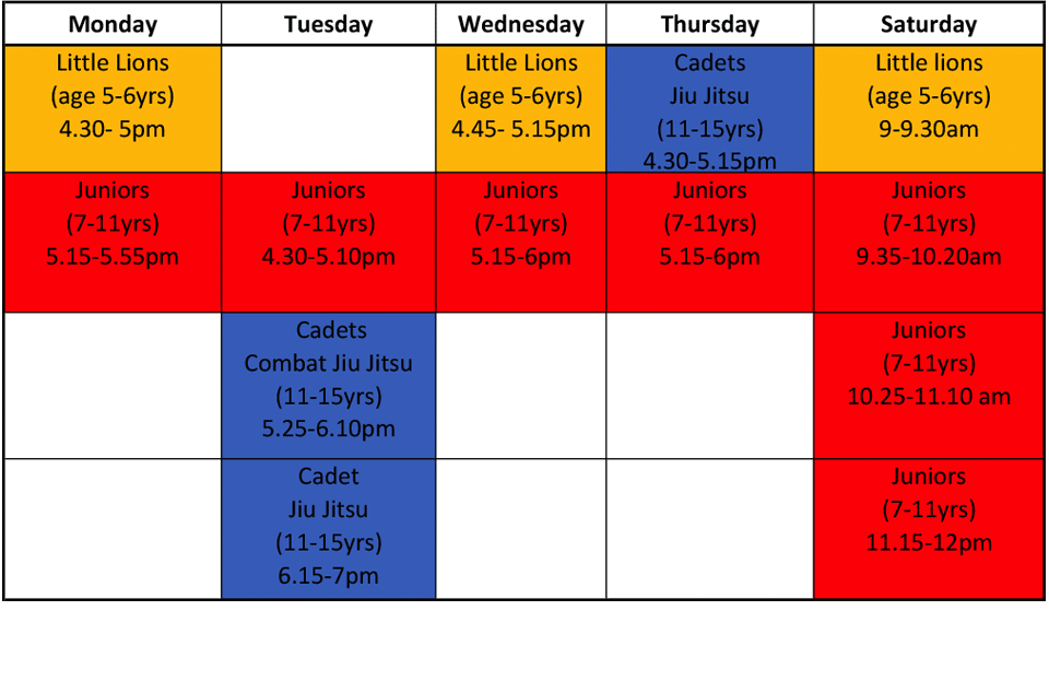 Exeter Martial Arts Children's Timetable