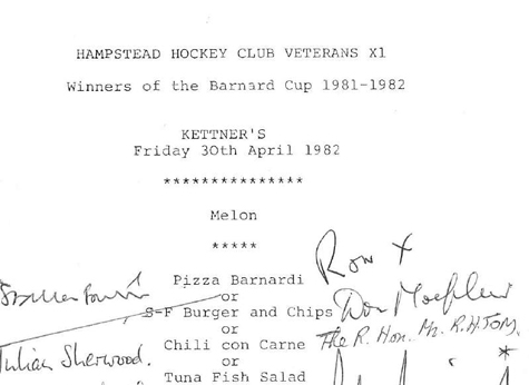 1982 Vets Barnard Cup Celebration Menu Card 30.4.82