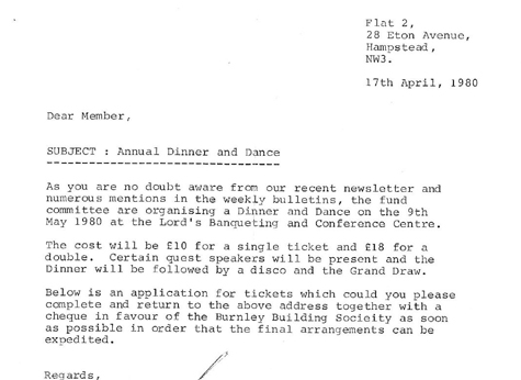 1980 Invitation to Fund Raising Dinner 17.04.80