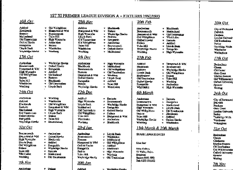 1992 Peroni South League Fixtures and 1992 Table