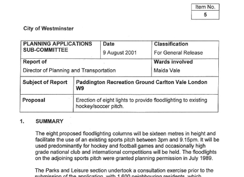 2001 Planning Officers Report PRG Floodlighting 9.8.01
