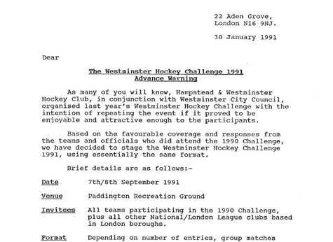 1991 The Westminster Hockey Challenge Introduction 