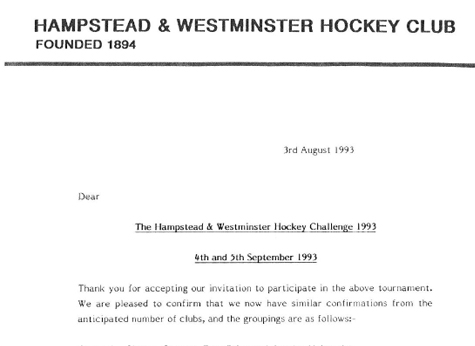 1993 The Hampstead & Westminster Hockey Challenge Acceptances 