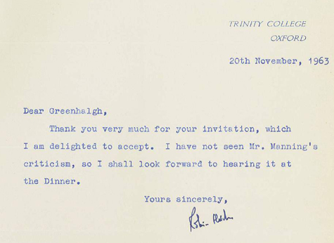 1963 Letter  R Fletcher Annual Dinner