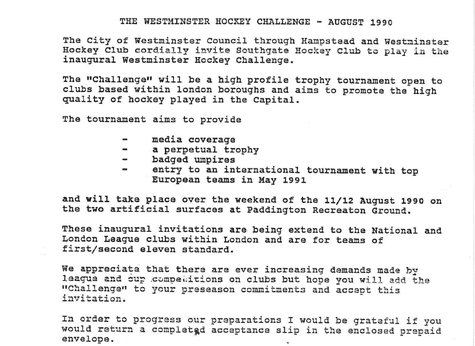1990 The Westminster Hockey Challenge Invitation 