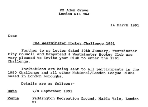 1991 The Westminster Hockey Challenge Invitation 