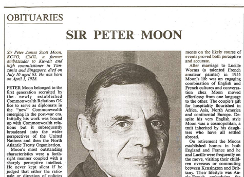 1991 Obituary Times Sir Peter Moon