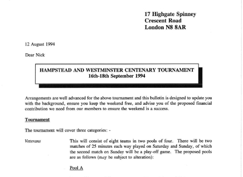 1994 Centenary Tournament Arrangements​