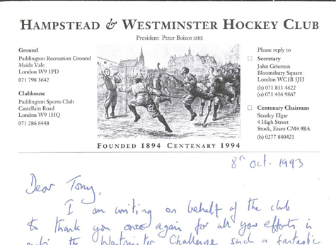1993 Westminster Challenge Letter from Club 
