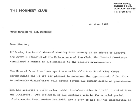 1982 Hornsey Club Notice October 1982