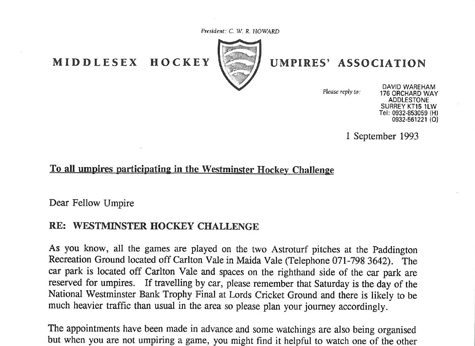 1993 Westminster Hockey Challenge MHUA Letter 