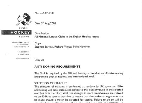 2001 EHL Anti Doping Notification 3.8.01