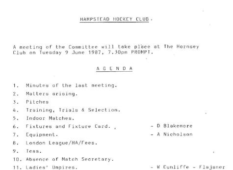 1987 Committee Meeting Agenda 9th June