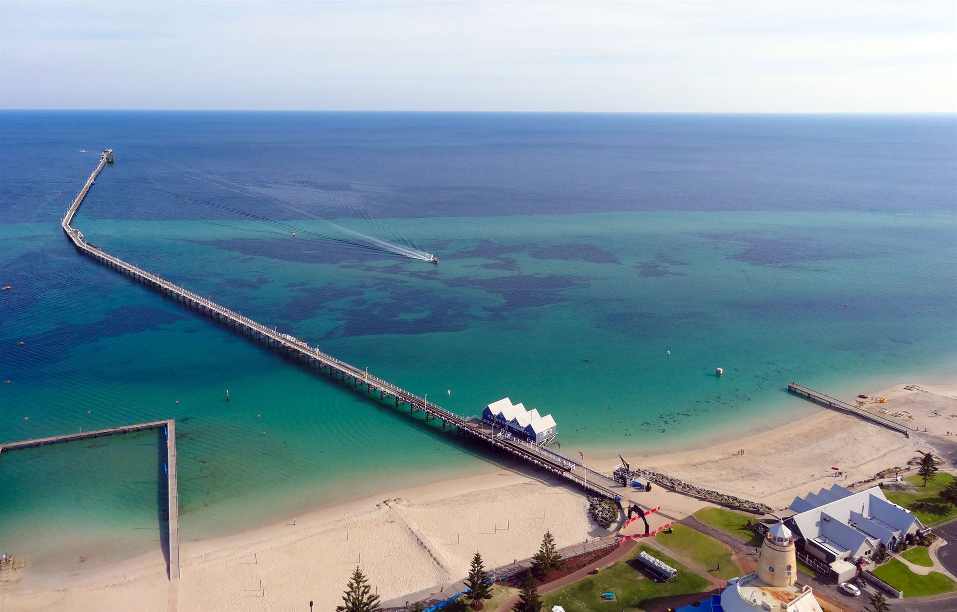 Aerial view of the VOYAGE at the end of the Busselton Jetty pier