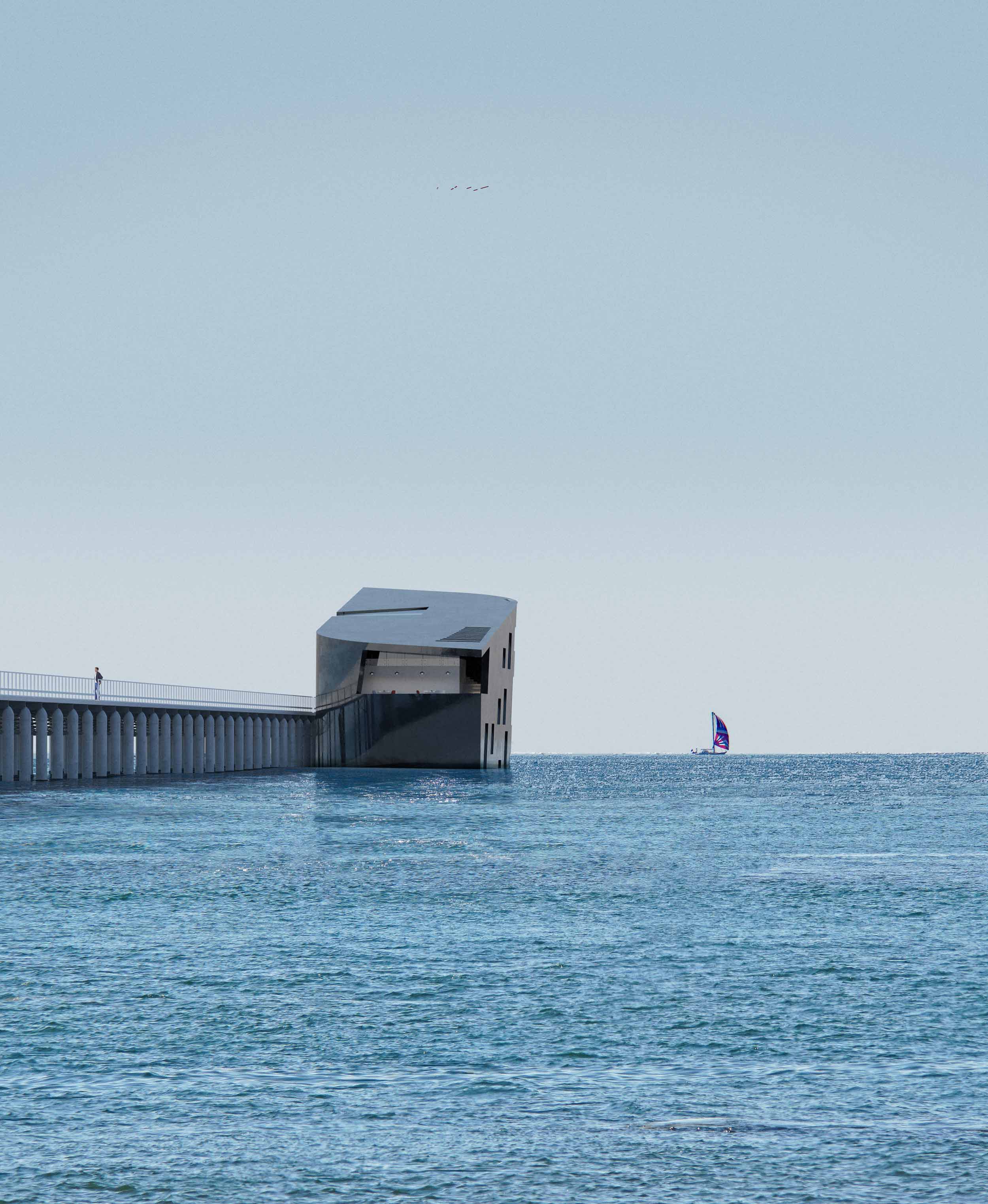 View of the VOYAGE at the end of the Busselton Jetty pier seen from coast