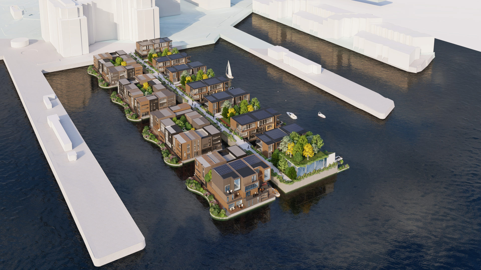 Aerial view of the Boston Pier 5 proposal in Hudson River context