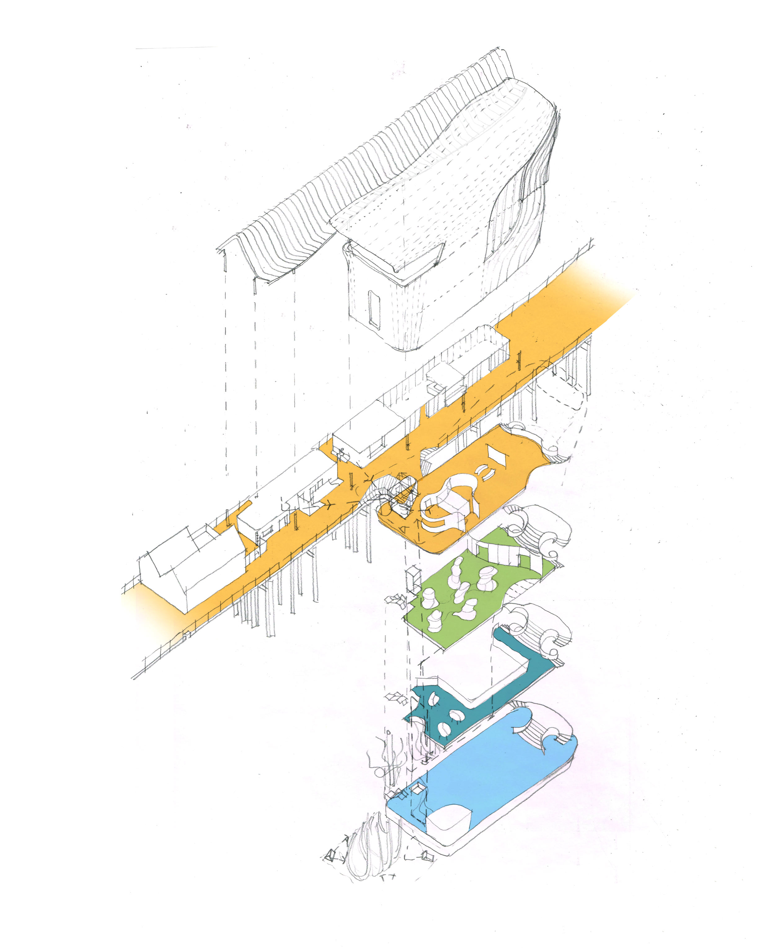 Exploded axonometric drawing of the AUDC building
